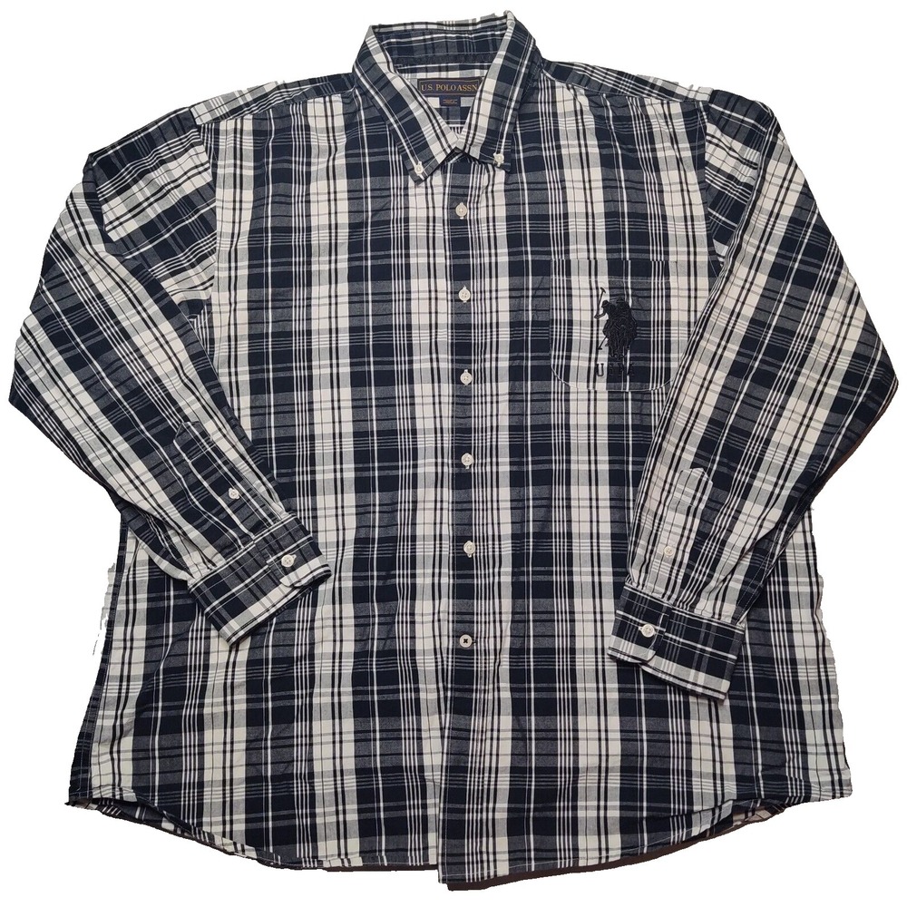 US Polo Assn USPA BIG PONY Logo Men 2XL Black Plaid Cotton Button Shirt